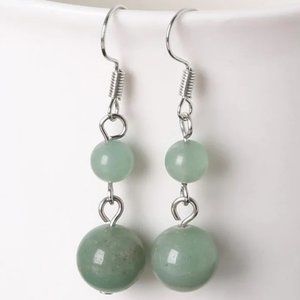 Green Aventurine Natural Stone Gemstone Round Beaded Healing Dangle Earrings